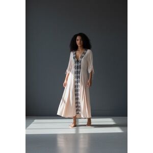 Free People Sheer Embroidered Maxi Dress Peach V Neck 3/4 Sleeve Bohemian size 8